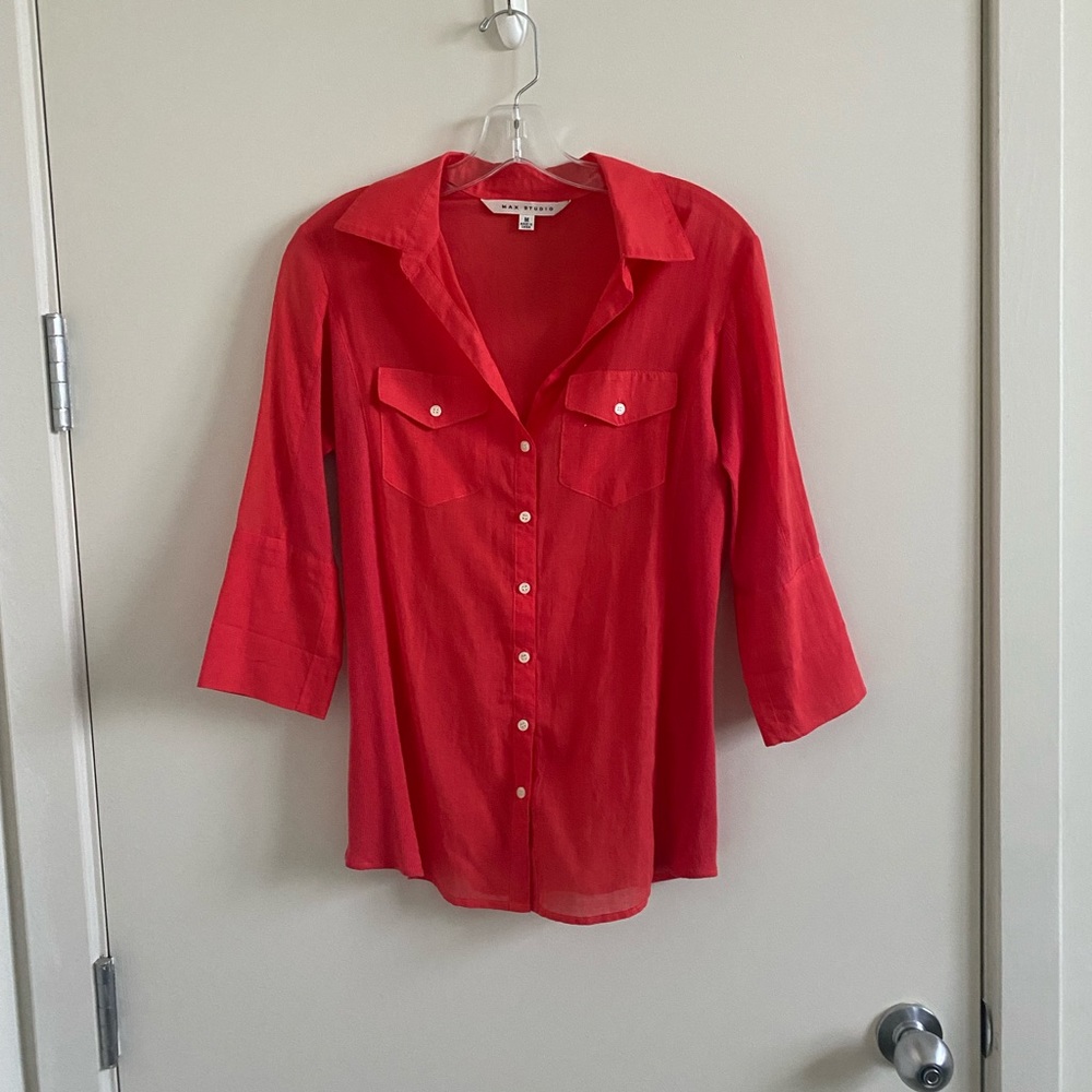 Max Studio Red Button Up Top - Picture 3 of 5